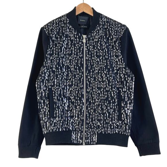 Zara Sequin Bomber Jacket Full Zip Black Denim - Picture 5 of 16